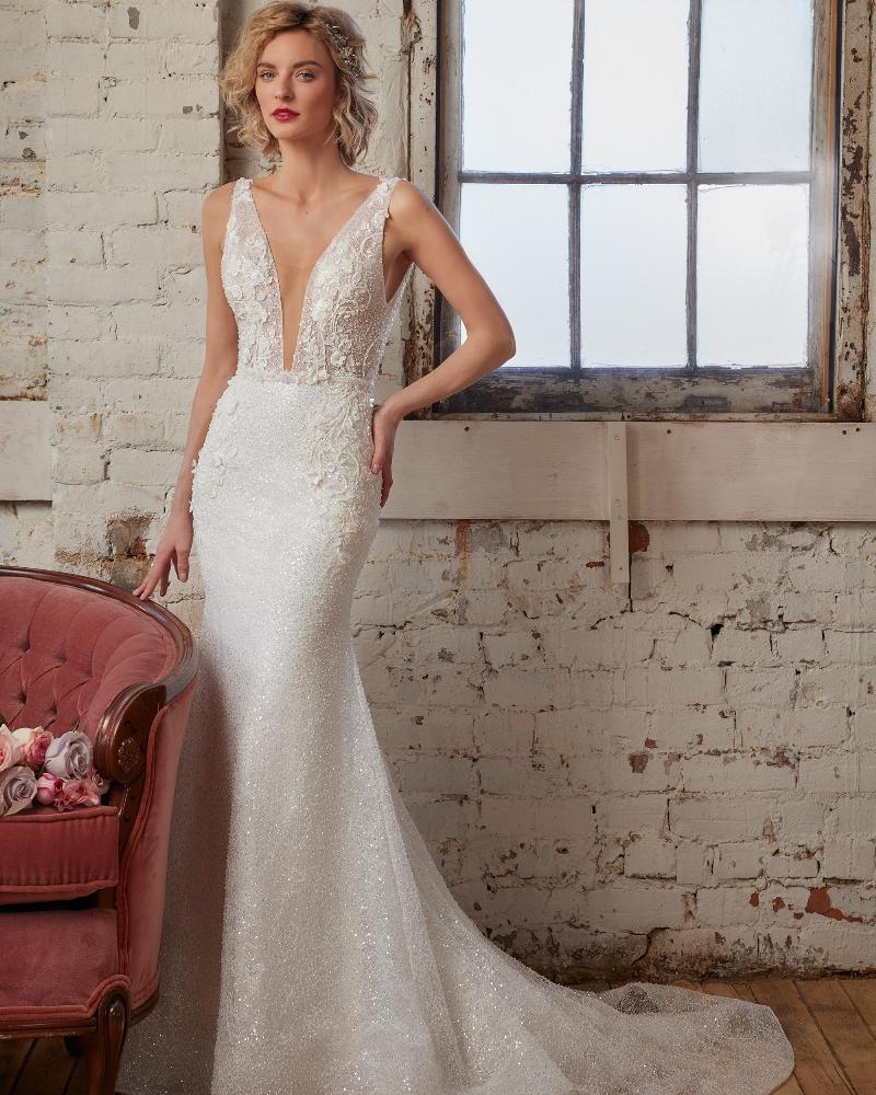 123244 fitted sparkly wedding dress with overskirt and tank straps6
